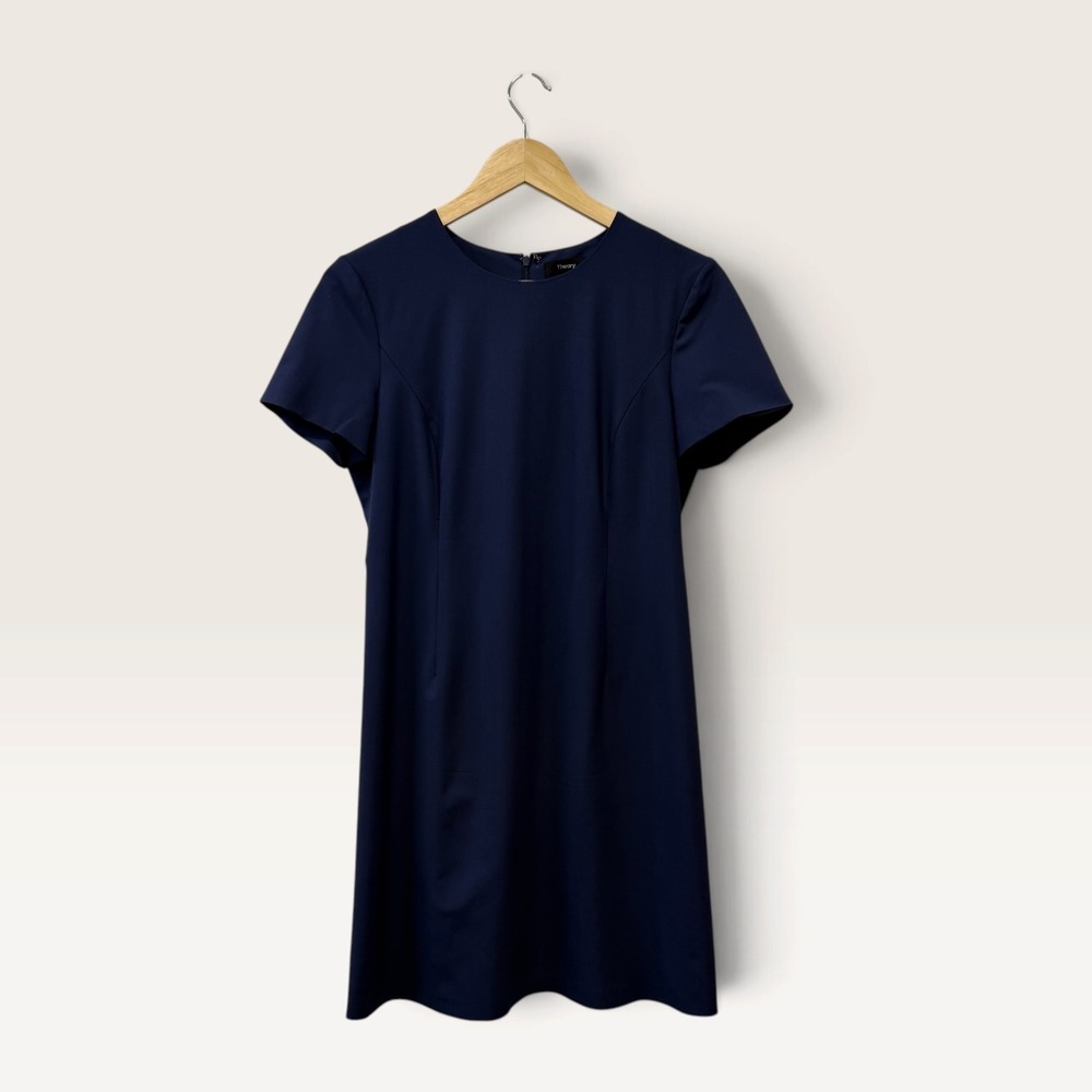 Theory Jatinn Traceable Wool Short Sleeve Shift Dress Navy Blue Size 4